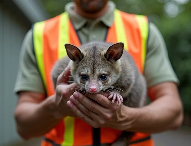 Animal handler safely recovering a deceased possum in Canadian
