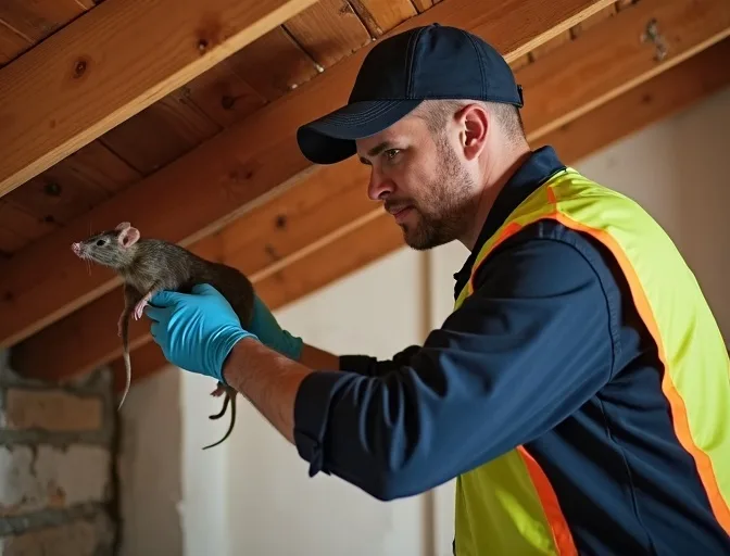 Technician inspecting a roof cavity for a dead rat in Canadian