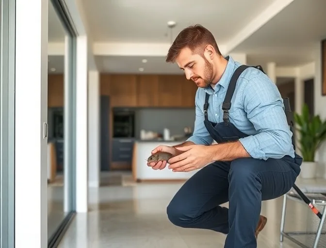 Technician in protective gloves removing a deceased rodent from a wall cavity in Canadian